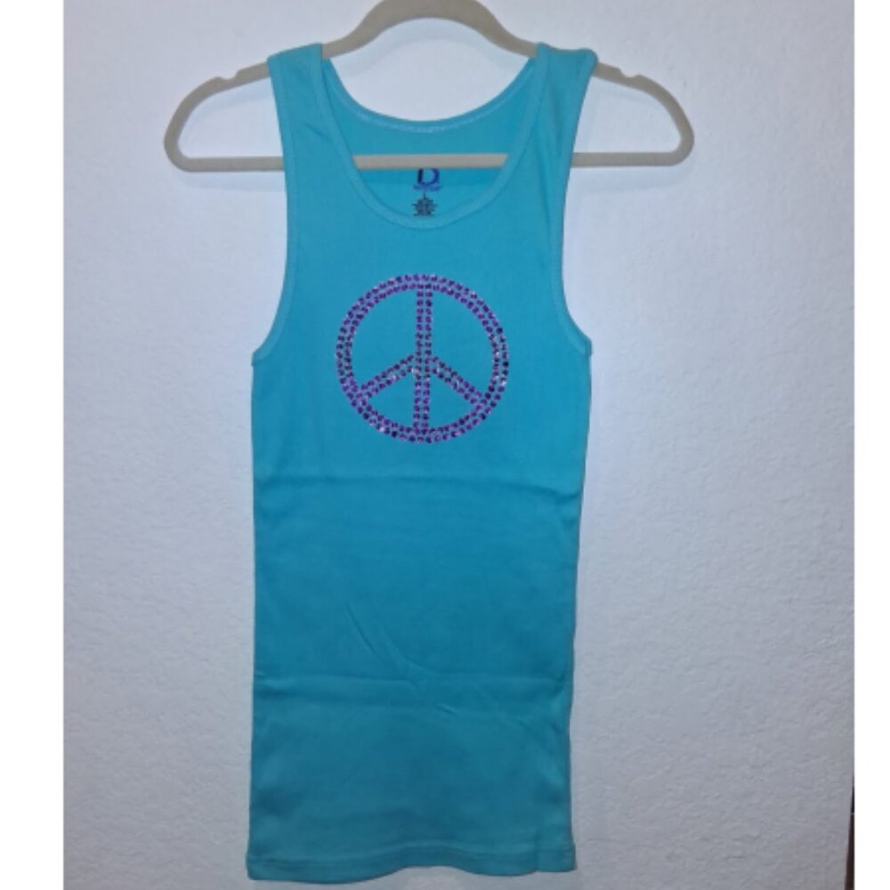 NWOT, Aqua ribbed tank with peace sign embellishment, Size Large